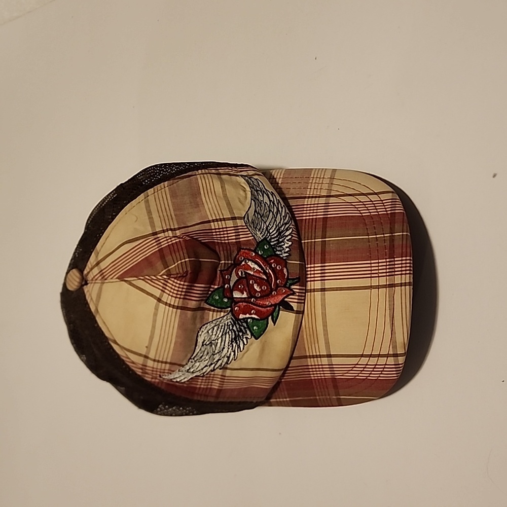 Winged Rose Plaid Adjustable Trucker Hat